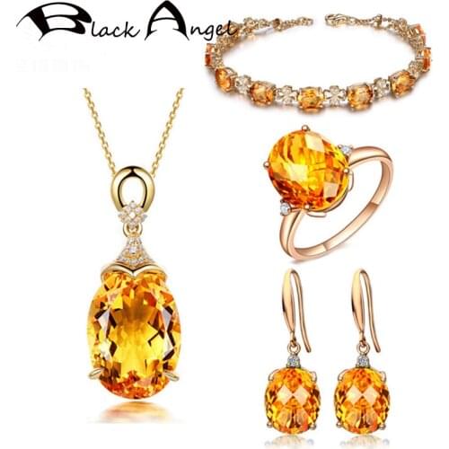 BLACK ANGEL 2020 New Fashion Jewelry Set Luxury Citrine Drop Earrings Necklace Bracelet Adjustable Ring for Women Dropshipping