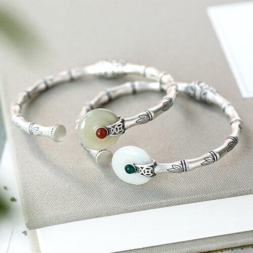 Natural Hetian Jade Peace Buckle Bamboo Bracelet Womens Retro S925 Sterling Silver Simple All-Match Craft to Give Mom Bracelet