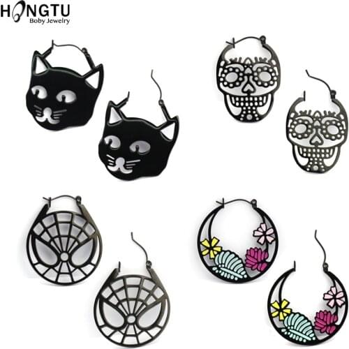 HONGTU 1Pair Pendientes Mujer Hoop Earrings Stainless Steel Black Color Cat/skull/flower/spider Earring Women Earring Jewelry