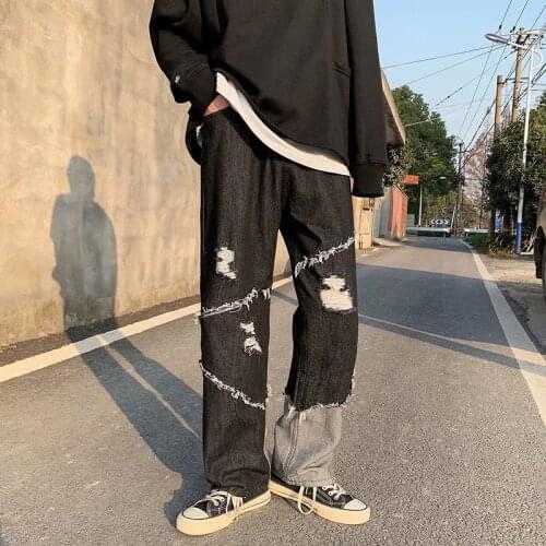 HOUZHOU Baggy Jeans for Men 2021 Loose Denim Trousers Male Black Ripped Jeans for Men Patchwork Jeans Korean Streetwear Spliced