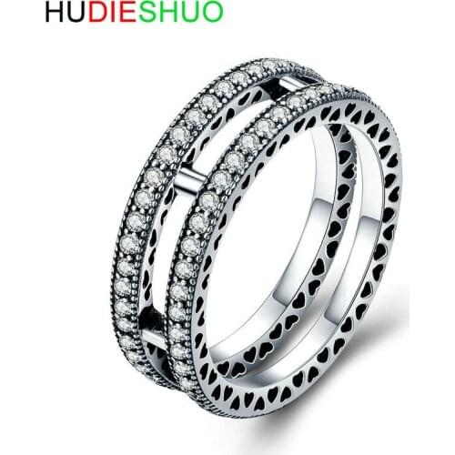 HUDIESHUO Vintage Oxidized SilverRings 925 SterlingSilver CZ Wedding Bands for Women