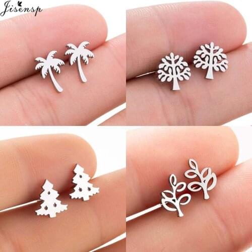 Jisensp Summer Beach Style Coconut Tree Stud Earrings Fashion Jewelry for Women Vintage Life of Tree Stainless Steel Earrings