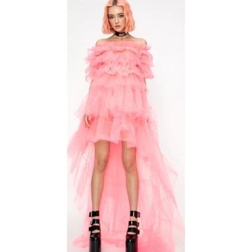 Pretty Pink High Low Tulle Women Dresses To Formal Event Party Ruffles Tiered Long New Year Party Women Dresses Summer Long Robe