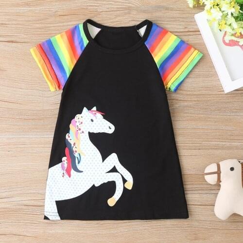 New Summer Baby Girl Dress Casual Cotton Cartoon Animal Horse Patchwork Rainbow Striped Princess Dresses Baby Girl Clothes 0-3Y