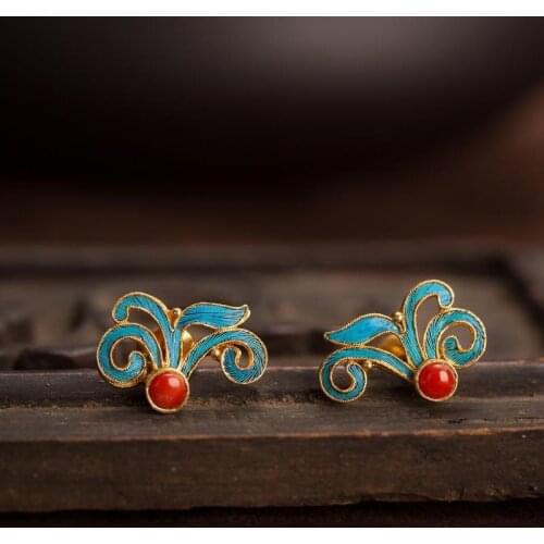 Original Epoxy Enamel Porcelain Golden Filigree Earrings Chinese Retro Palace Style Unique Ancient Gold Craft Silver Jewelry