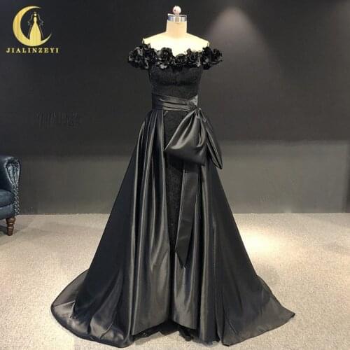 Rhine Real picture off the shoukder black velet with flower robe longue abiti da sera evening dress long formal dresses