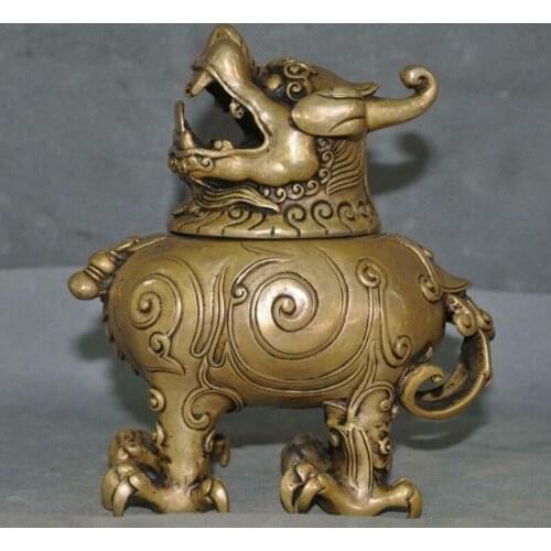 Old Chinese bronze unicorn Brave troops Pixiu beast statue Incense Burner censer