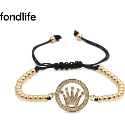 Gold-Plated Crown Inside Circle Cubic Zirconia Stone 4mm Copper Beaded Bracelet Women Black Cord Macrame Adjustable Jewelry Gift