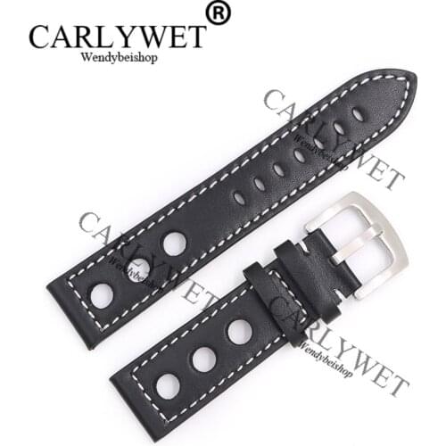 CARLYWET 22mm Popular Real Calf Leather Handmade Black with White Stitches Wrist Watch Band For Tissot Montblanc Tudor Omega