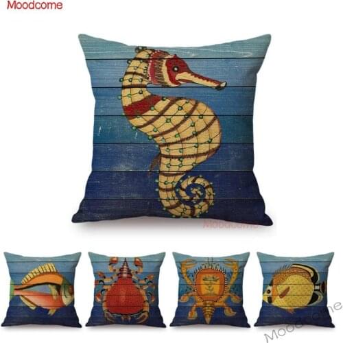 Vintage Rusted Blue Wooden Boards Ocean Lives Fish Crab Car Pillow Cover Aquatic Marine Life Cotton Linen Sofa Cushion Cover