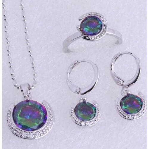 Love Monologue Charming Moon Multicolour Mystic Crystal Silver Color Necklace Pendant Drop Earrings Rings Jewelry Sets SH0222