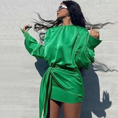 Green Stin Mini Dress Robe for Women Autumn Long Sleeve Dress Shirt Female Elegant Vestidos Spring Vestido De Mujer Party Club