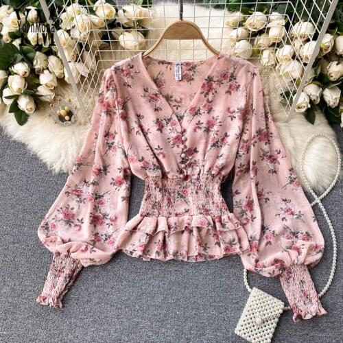 YornMona Ins Fashion Floral Print Chiffon Blouse Shirt Women Long Sleeve Elastic Waist Ruffles Transparent Blouse Female Blusas