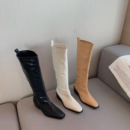 Women Knee High Booties Martin Boots Woman Square Toe Slip On Flats Mid Heels Black Beige Khaki Knight Winter Booties Size 35-39