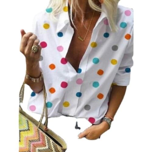 Spring-Summer Temperament Cardigan women Lapel long-sleeve fashion Top polka dot printing Roll sleeves all-match pullover Shirt