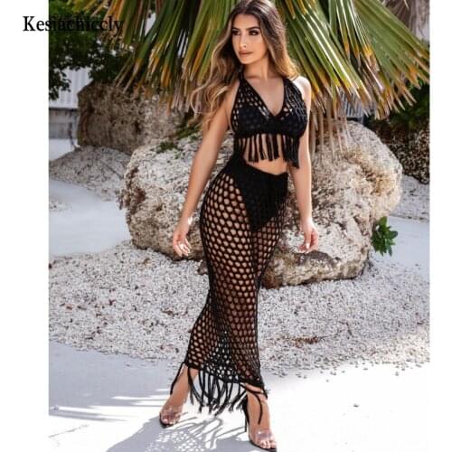 Kesiachiccly Women Spaghetti Strap Long Dress Lady Tassel Sexy Backless Hollow Out Maxi Dress Slim Bodycon Holiday Beach Wear