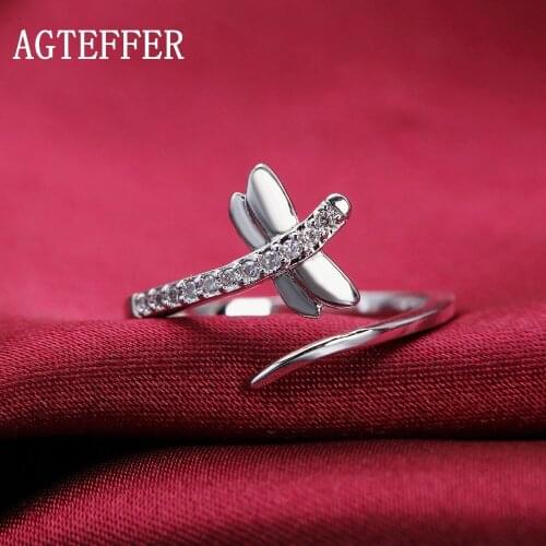 AGTEFFER 925 Sterling Silver Dragonfly AAA Zircon Opening Ring For Women Fashion Wedding Engagement Party Charm Jewelry