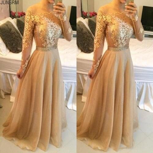 2020 Champagne Sexy Lace Long Sleeves Prom Dresses Bateau Pearls Waist Long Lace Appliques Floor Length Evening Dresses