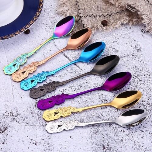 1Pcs Rose Flower Shape Long Handle Kitchen Tableware 410 Stainless Steel Nice Gift Teaspoon Stirring Spoon Coffee Spoon