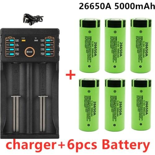 100% New Original high quality 26650 battery 5000mAh 3.7V 50A lithium ion rechargeable battery for 26650A LED flashlight+charger