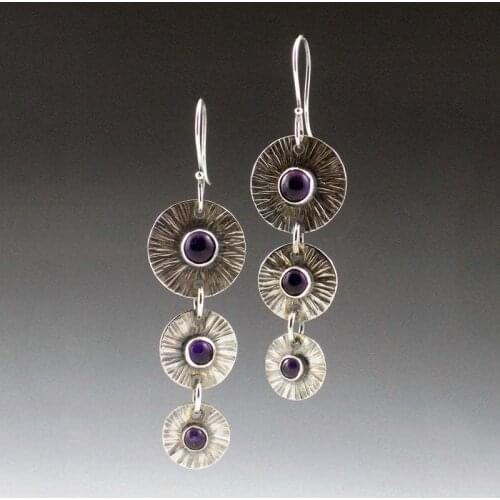 Antique Bronze Color Purple Crystal Earrings Ancient Disc Long Dangle Pendant Earrings Tribal Fish Hook Earrings Jewelry Gifts