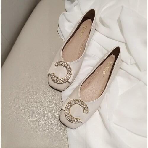 Spring and Summer Flat Flat Square Head Shallow Mouth Water Drill Buckle Grandma Shoes Soft Leather Work Shoes Womens Shoes