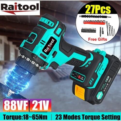 Raitool 88VF Cordless Electric Drill Brushless Hand Drill Mini Electric Screwdriver Rechargeable Drill with 27pcs Chuck Tools