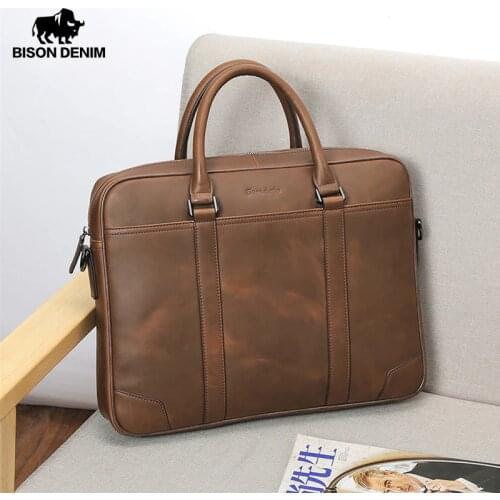 BISON DENIM Vintage Male Handbag Cowhide Brand 14 inches Laptop Business Bag Men Messenger Bag Travel Crossbody Bag N2610