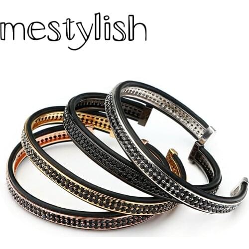 Mestylish High Quality 4 Colors Micro Inlay Double Row Cubic Zirconia Open Cuff Bangles &Bracelet Jewelry Fit Men Women Gift