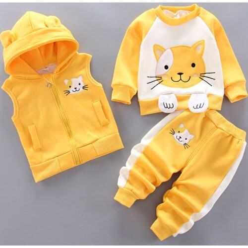 3pcs Baby Boys Girls Warm Set Winter Cartoon Kids Thickening Hooded Vest+Sweater+Pant Three-piece Sport Suits Children Clothing