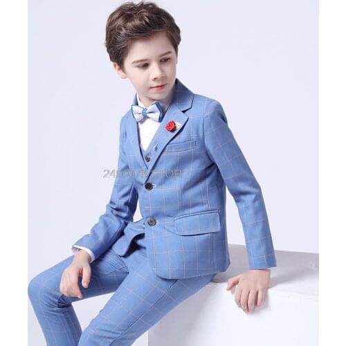 Flower Boys Luxurious Wedding Suit Kids Plaid Jacket Vest Pants Bowtie 4Pcs Dress Children Piano Show Performance Party Costume