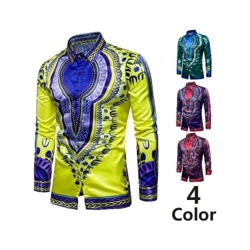 Mens fashion casual Shirt men Africa Ethnic style Digital pattern shirts cotton dress long-sleeved shirt
