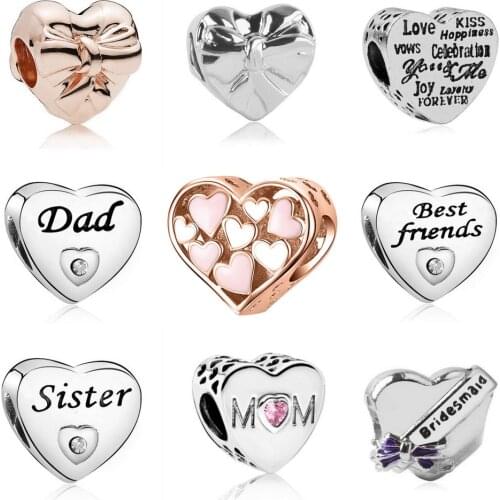 New Arrival Heart Bridesmaid DAD DAUGHTER BEST FRIENDS Bow Beads Fit Original Pandora Charm Bracelets & Bangles DIY Jewelry