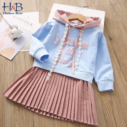 Humor Bear Girls Dress New Spring Autumn Long Sleeve Letter Stitching Lace Hooded Pleated Dress Kids Princess Dress