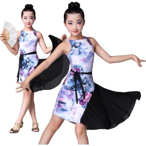 New Style Girl Latin Dress Printed Skirt Dance Performance Costume Children Latin Skirt Professional Competition Practice Dress