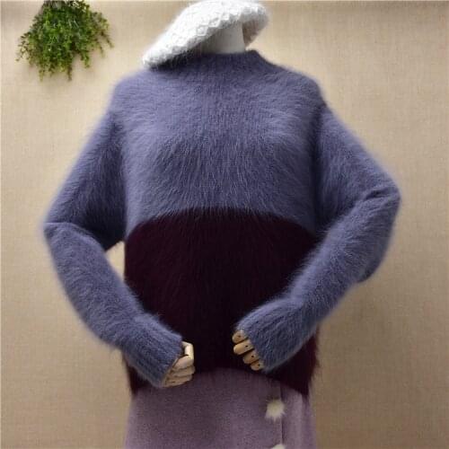 Ladies women fashion colored hairy mink cashmere knitted long sleeves loose pullover blouses angora fur winter jumper sweater