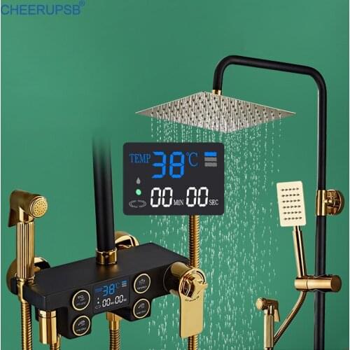 Thermostatic Shower Set Bathroom LED Digital Shower System Hot Cold Mixer Bath Faucet Square Spay SPA Rainfall Copper Tap Black