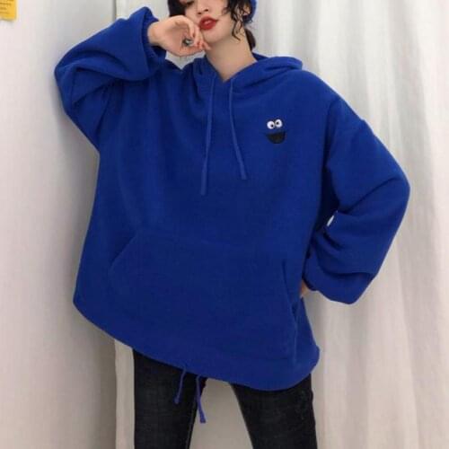 Zuolunouba Winter Women Fashion Hoody Sweatshirt Embroidery Harajuku Smiley Face Dark Blue Lady Hoodies Loose Female Pullover