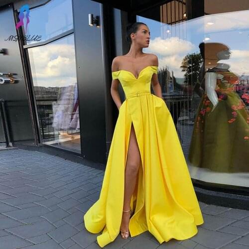 Yellow Long Prom Dresses Off Shoulder Satin Formal Gowns Dress Right Slit MSHBLUE