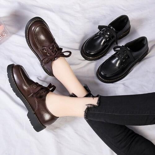 Thick Bottom Platform Shoes Solid Leather Oxford Shoes Woman Flats Lace Up Square Heels Casual Shoes for Women Zapatos De Mujer