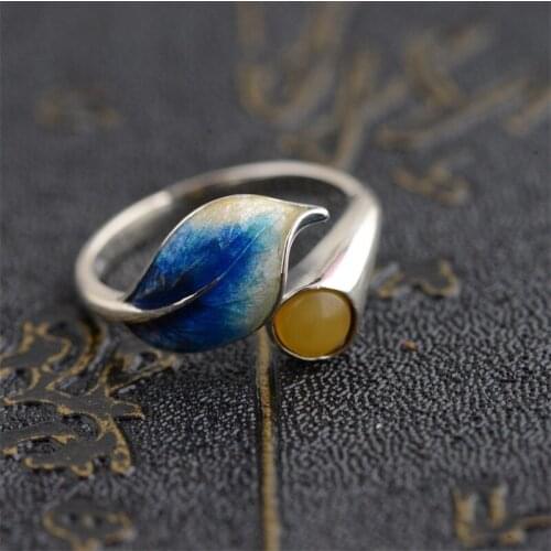 BESTLYBUY Natural Yellow Stone Ring Real 925 Sterling Silver jewelry Exquisite Leaf Open Ring For Women Free Shipping