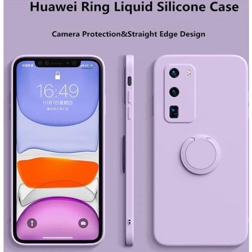 Liquid Silicone Square Case For Huawei P30 P40 Mate 20 30 Nova 5 6 7 Pro Honor V30 30 Pro Ring Holder Soft Shockproof Back Cover
