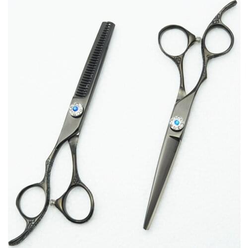 2Pcs Left Hand 6'' Customized Logo Black Professional Human Hair Scissors Hairdressing Scissors Cutting Shears + Thinning C8002