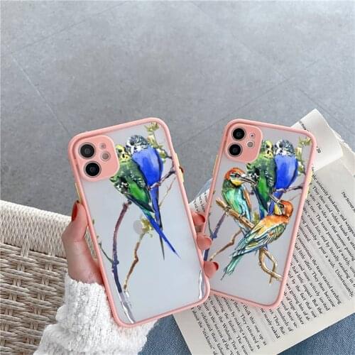Watercolor Lovely Birds Phone Case For iPhone 12 11 Mini Pro XR XS Max 7 8 Plus X Matte transparent Pink Back Cover