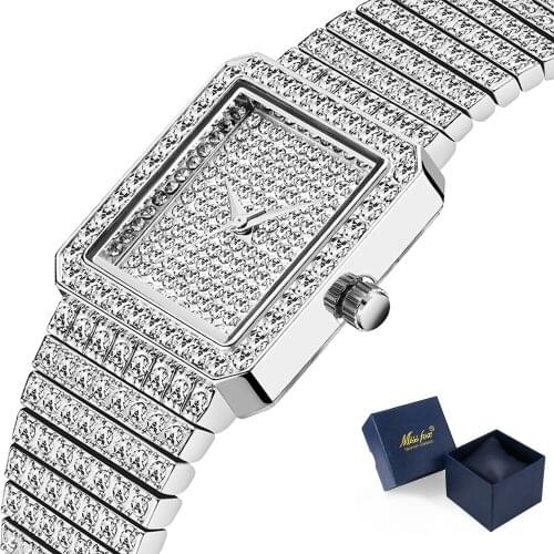 Hot Fashion Square Case Watch Women Hip Hop Womens Quartz Watches Silver Steel Band Bling Diamond Wristwatch Female montre femme