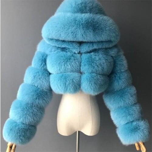 2021 Winter Fashion New Short Style European American Hooded Long-Sleeved Imitation Fox Fur Stitching Fur Womens Jacket Trendy