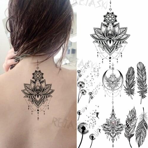 Small Henna Lotus Sexy Back Temporary Tattoos For Women Adult Feather Dandelion Fake Tattoo Body Art Waterproof Tatoos Sticker