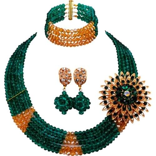 Trendy Army Green Champagne Gold AB Folk Crystal Beads Necklace Party Festival Jewelry Set for Women and Girls 5C-SJ-01
