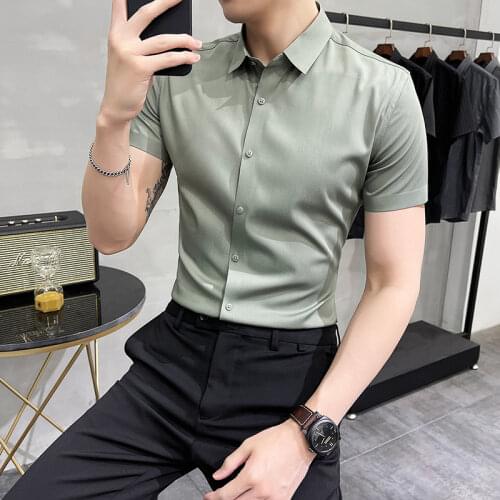 Plus Size 4XL-M Non-Marking Embossed Craft Shirt Men Clothing 2021 High Quality Short Sleeve Slim Fit Business Formal Wear Dress