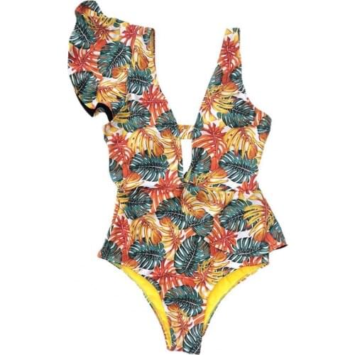 2021 New Monokini Floral Print Deep V Neck Swimwear Women Sexy Ruffle One Piece Swimsuit for Summer